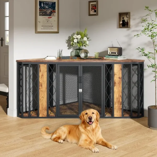 67" Corner Wooden Dog Crate Furniture with Diamond Metal Decoration