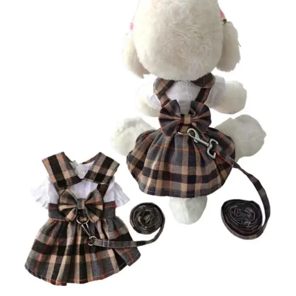 1pc Cute Plaid Dress with Bowknot Back & Adjustable Leash