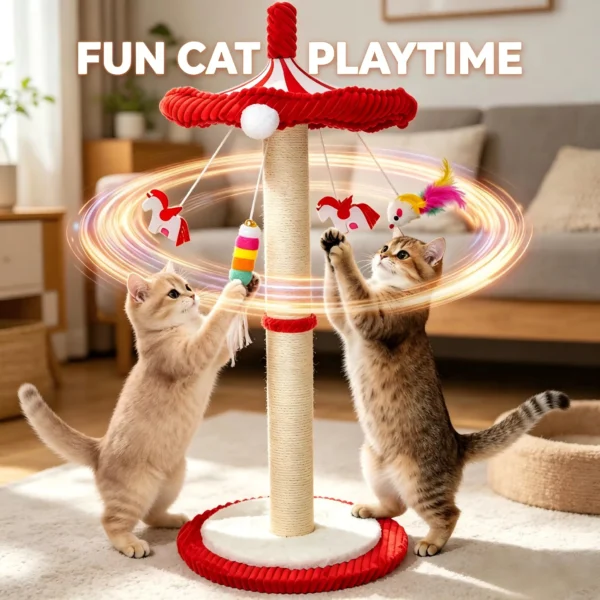 39-Inch-Tall Carousel Cat Scratching Post with Hanging Toys